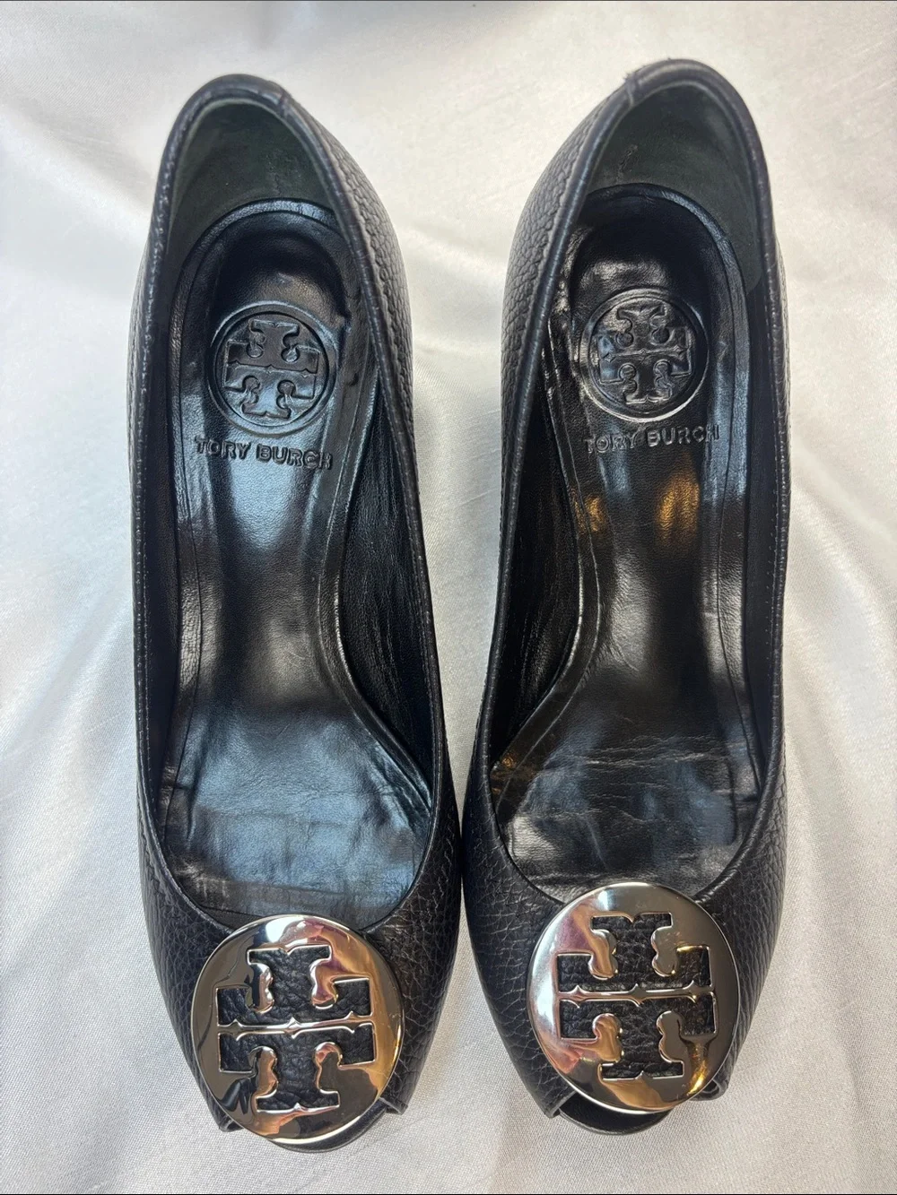 Tory Burch Black Leather Peep-Toe Wedges with Silver Logo Medallions